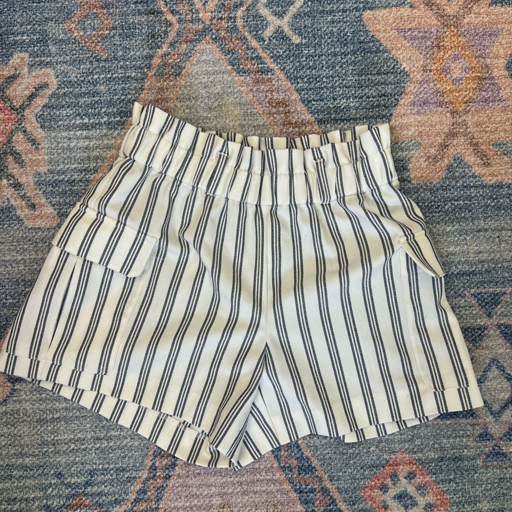 LOFT Navy and White Striped High Waist Shorts